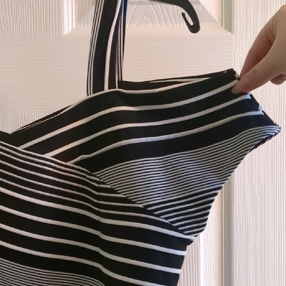 New York & Company Black and White Striped Cold Shoulder Blouse